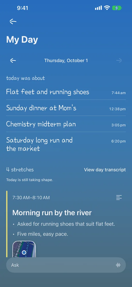My Day: what the day was about, a line for each stretch.